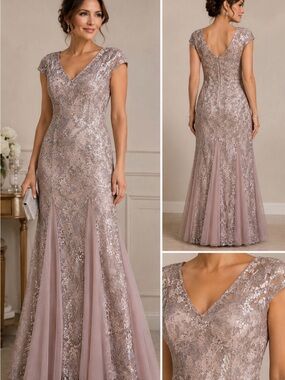 Alex Evenings Sequin Lace V-Neck Maxi Gown in Dusty Rose